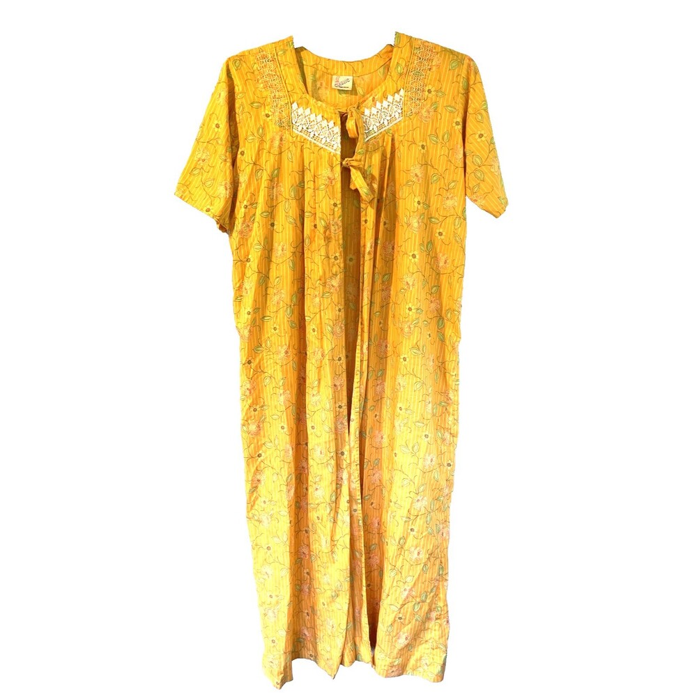 Vintage Cotton Housecoat Orange Floral Flower Power Mumu Cottage 60s XL